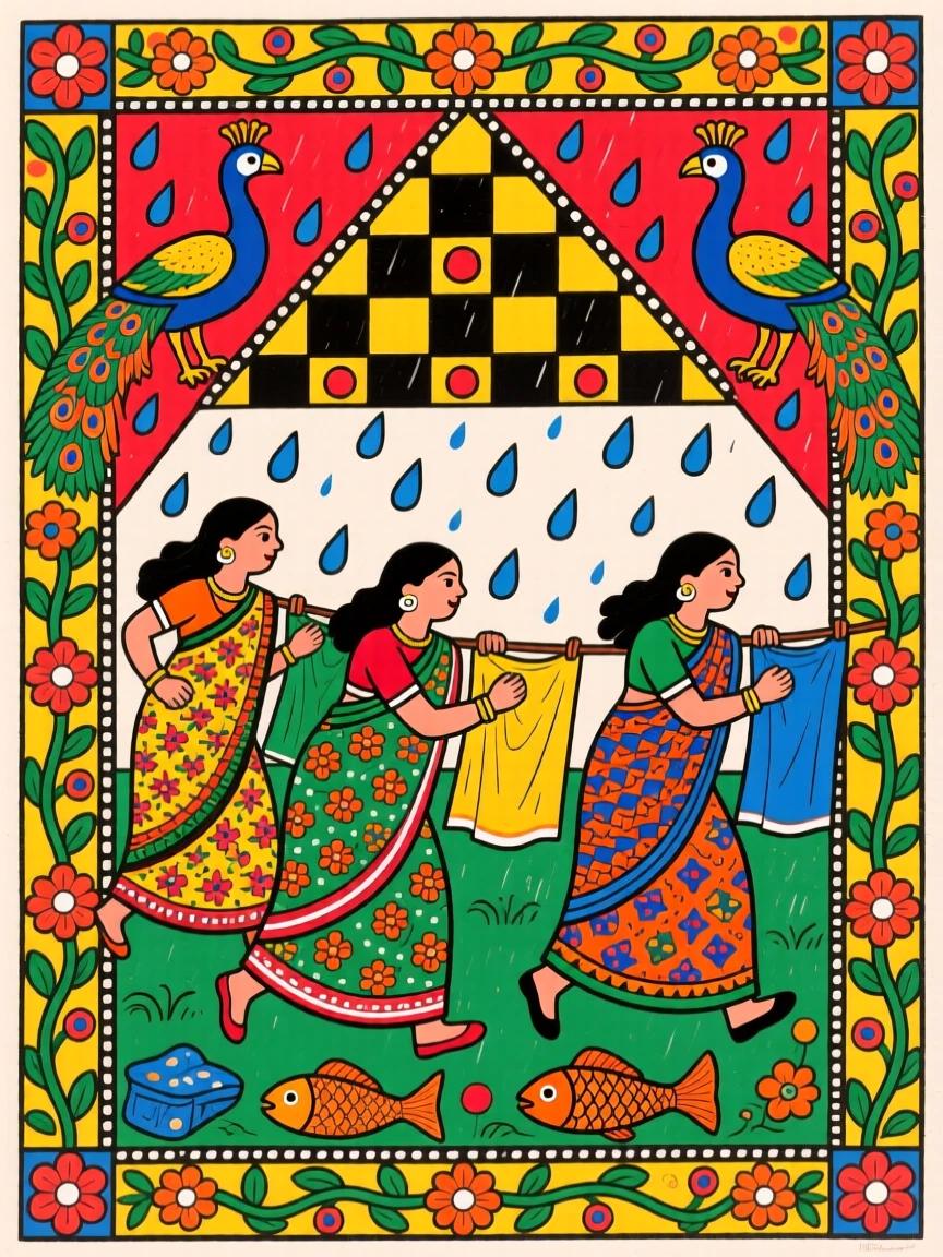 Women rushing to gather laundry as the first raindrops begin to fall.