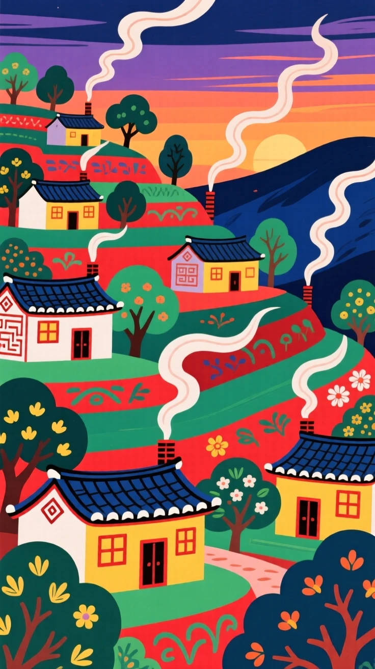 A terraced hillside village at dusk with smoke rising gently from chimneys.