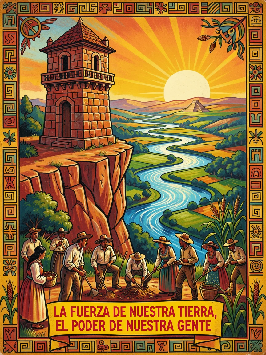 A stone watchtower overlooking a winding river valley
