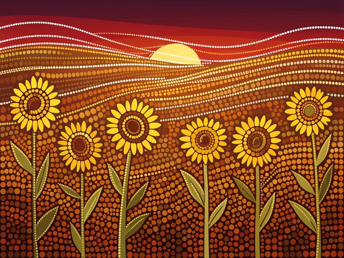 A golden sunflower field lit by the last light of day