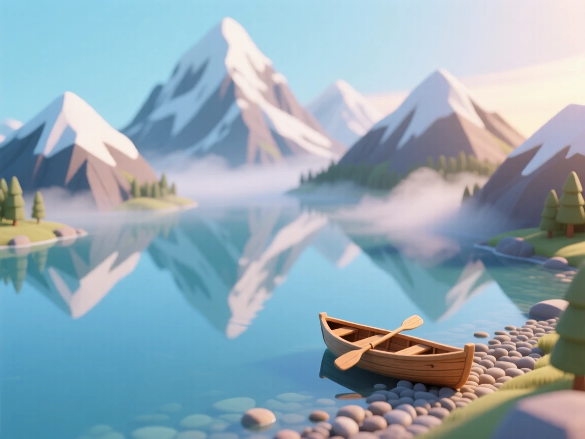 A quiet mountain lake reflecting snow-capped peaks perfectly, a canoe resting on the shore, and mist rising gently at dawn.
