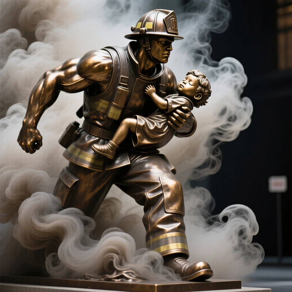 A firefighter carrying a rescued child from smoke, with powerful, expressive body language, forming a strong central focal point