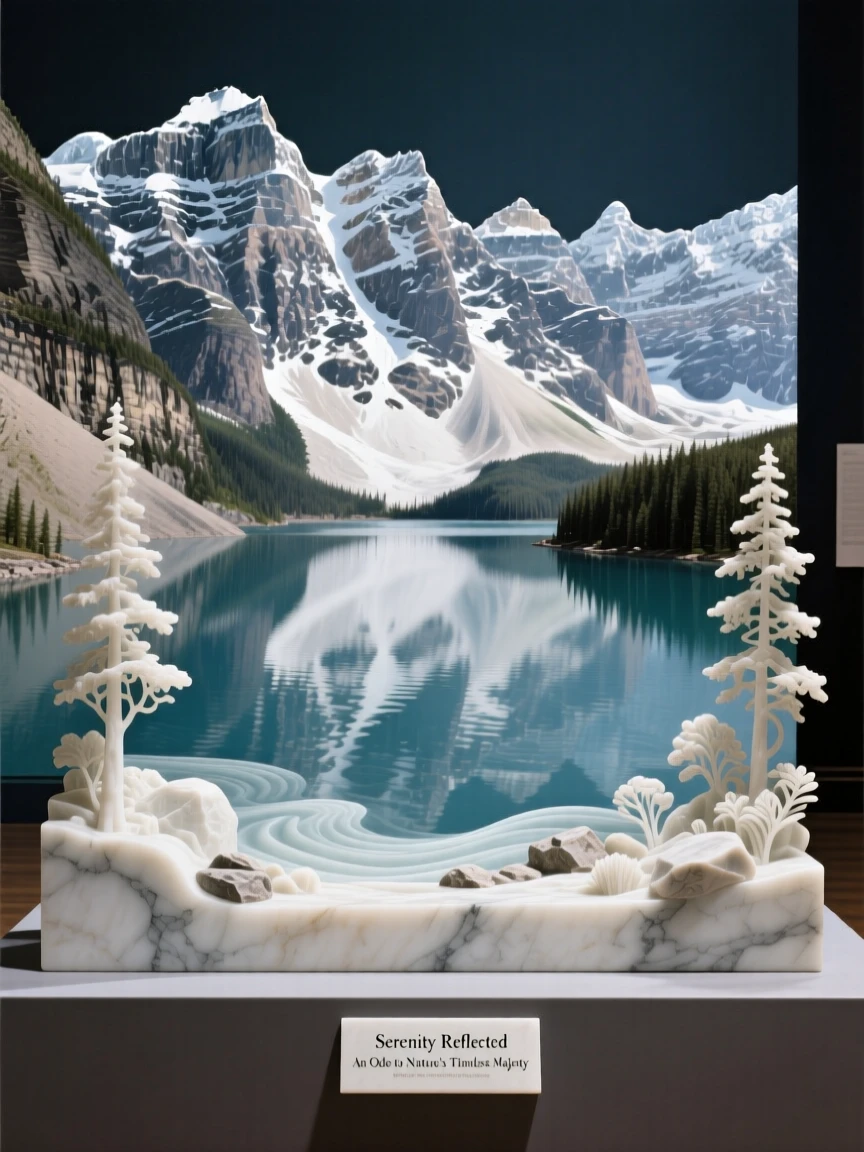 A breathtaking view of a serene lake reflecting snow-capped peaks, rich with color and atmosphere, evoking peace and wonder