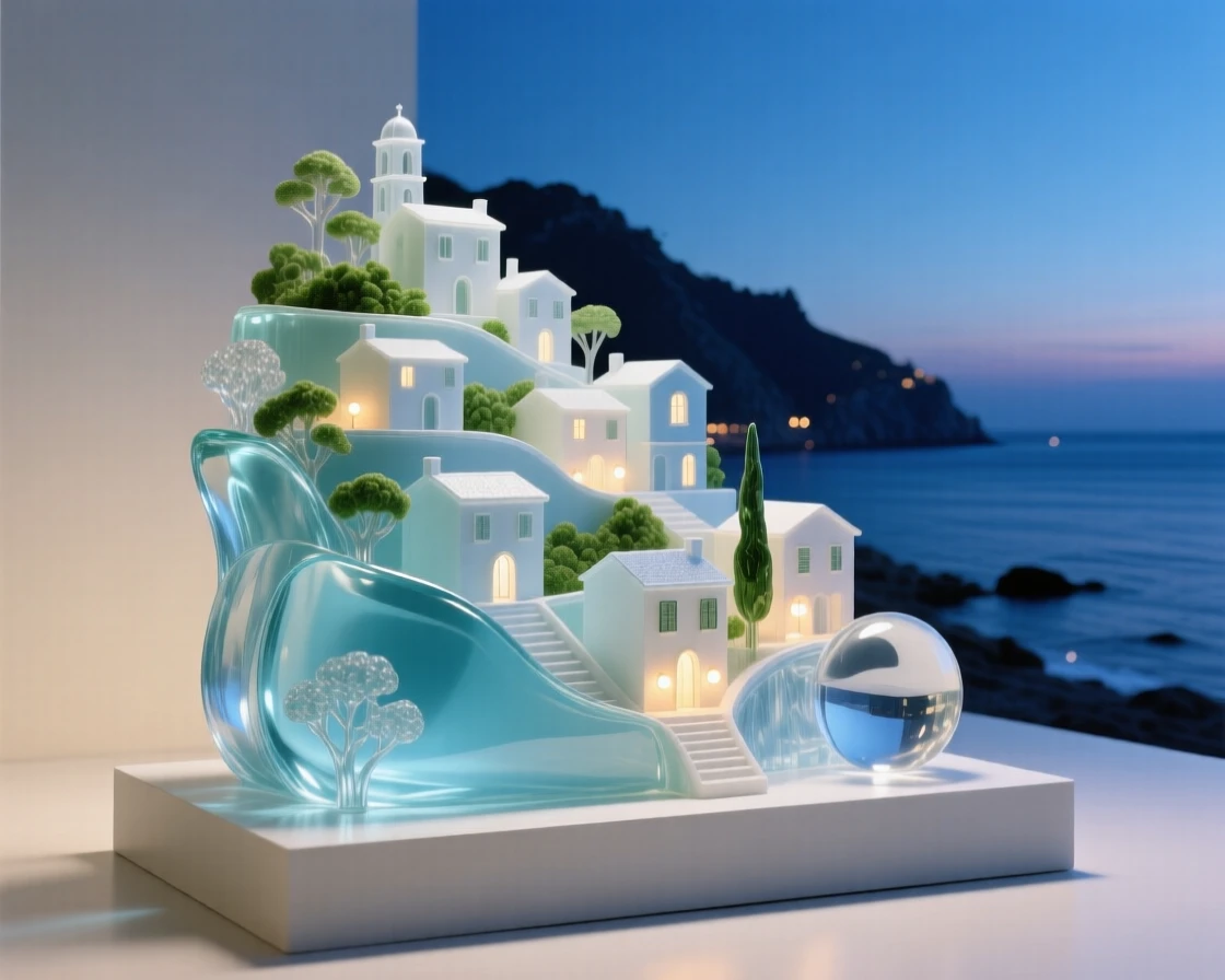 A hillside village on the Amalfi Coast at blue hour with soft ambient lighting beginning to glow, reflections shimmering nearby, evoking timeless elegance.