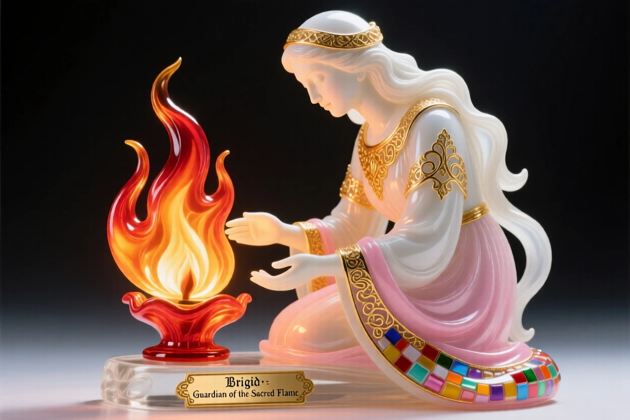 Brigid the Celtic goddess of fire tending a sacred flame at dawn, warm and serene.