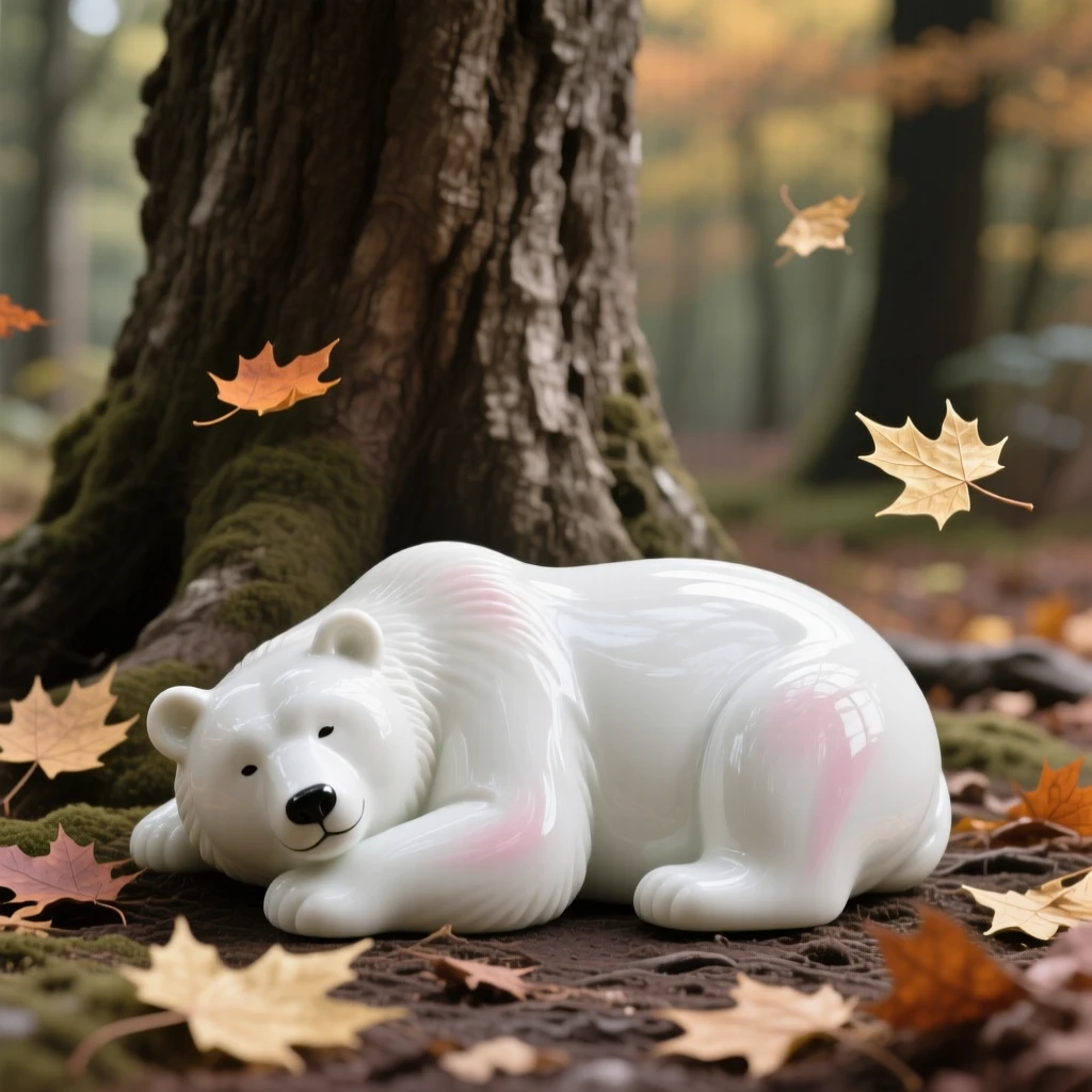 A graceful bear resting beneath a great old tree in an ancient forest clearing, surrounded by drifting autumn leaves.