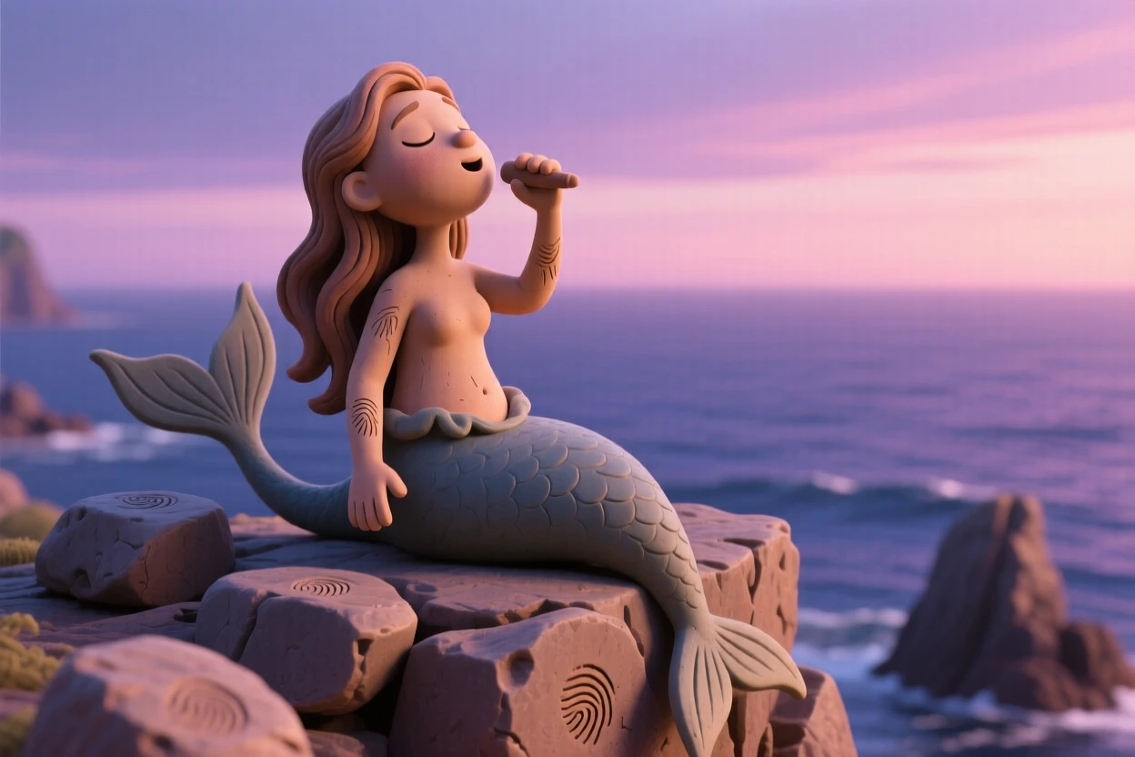 A siren singing atop a rocky sea cliff at dusk