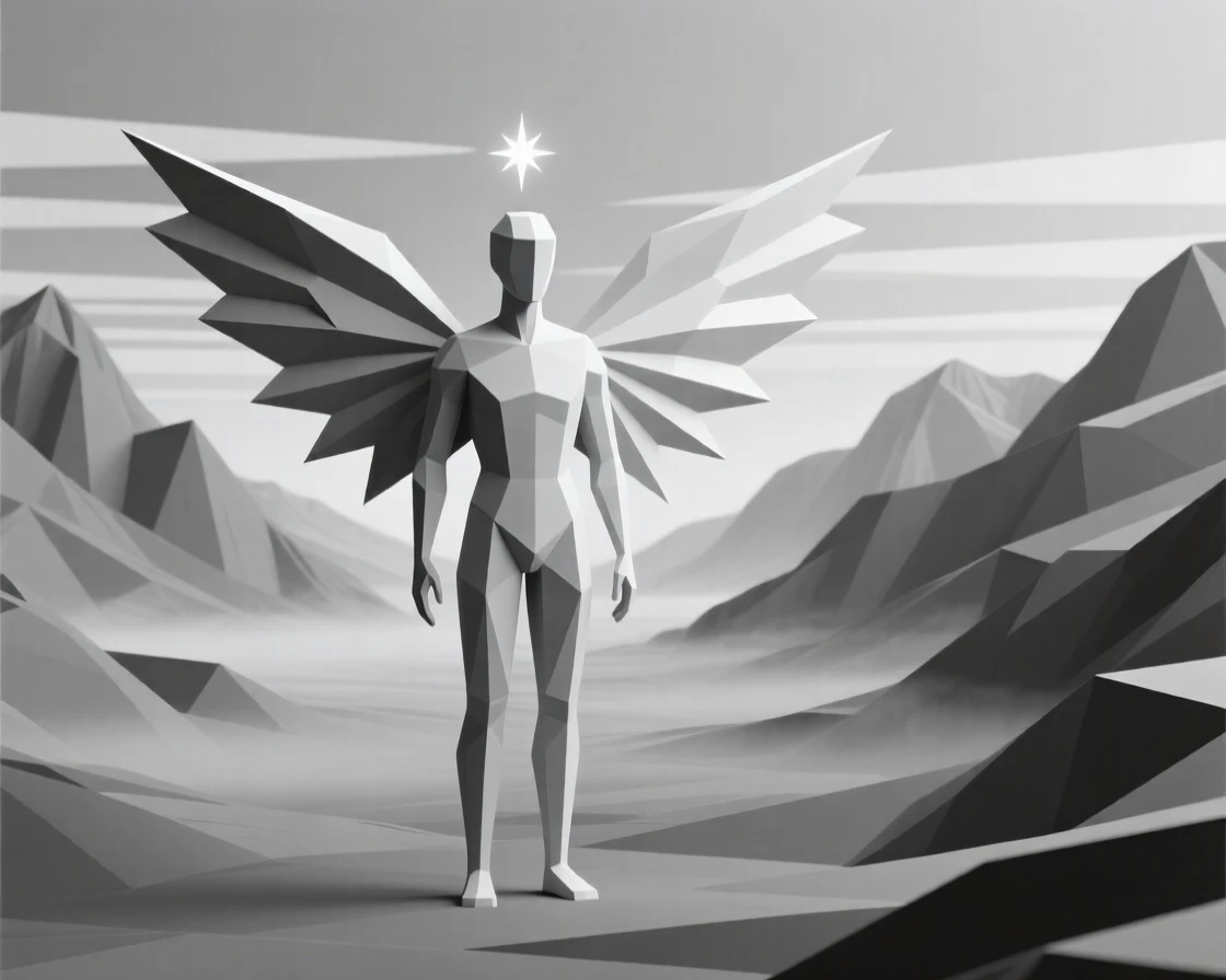 A celestial being with wings made of starlight, within a valley shrouded in enchanted mist. the scale of the scene emphasizes its grandeur. A sense of quiet enchantment fills the air.