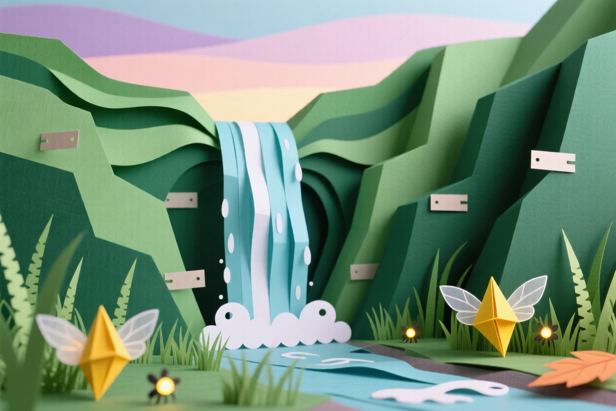 A hidden waterfall in a green ravine in the crisp first light of dawn, with fireflies glowing softly in the grass, capturing the fleeting beauty of the changing season.