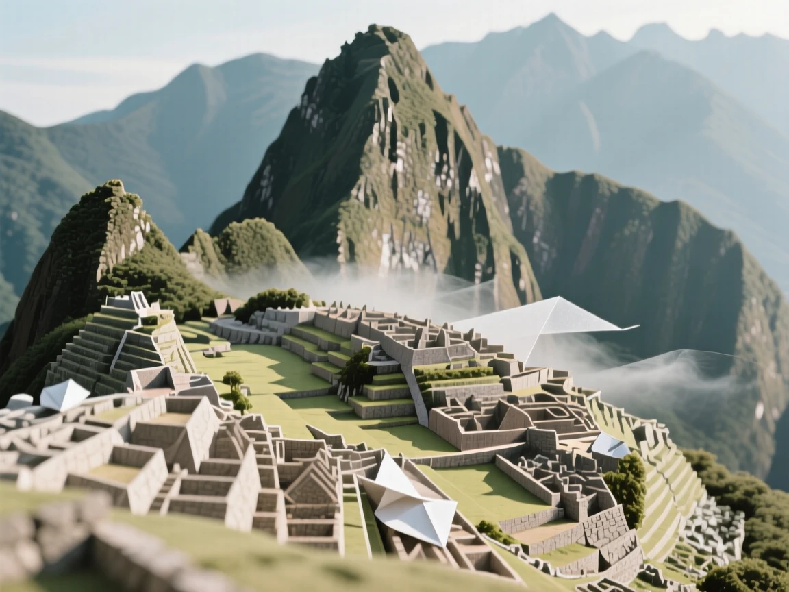 The ancient terraces of Machu Picchu shrouded in early morning cloud.