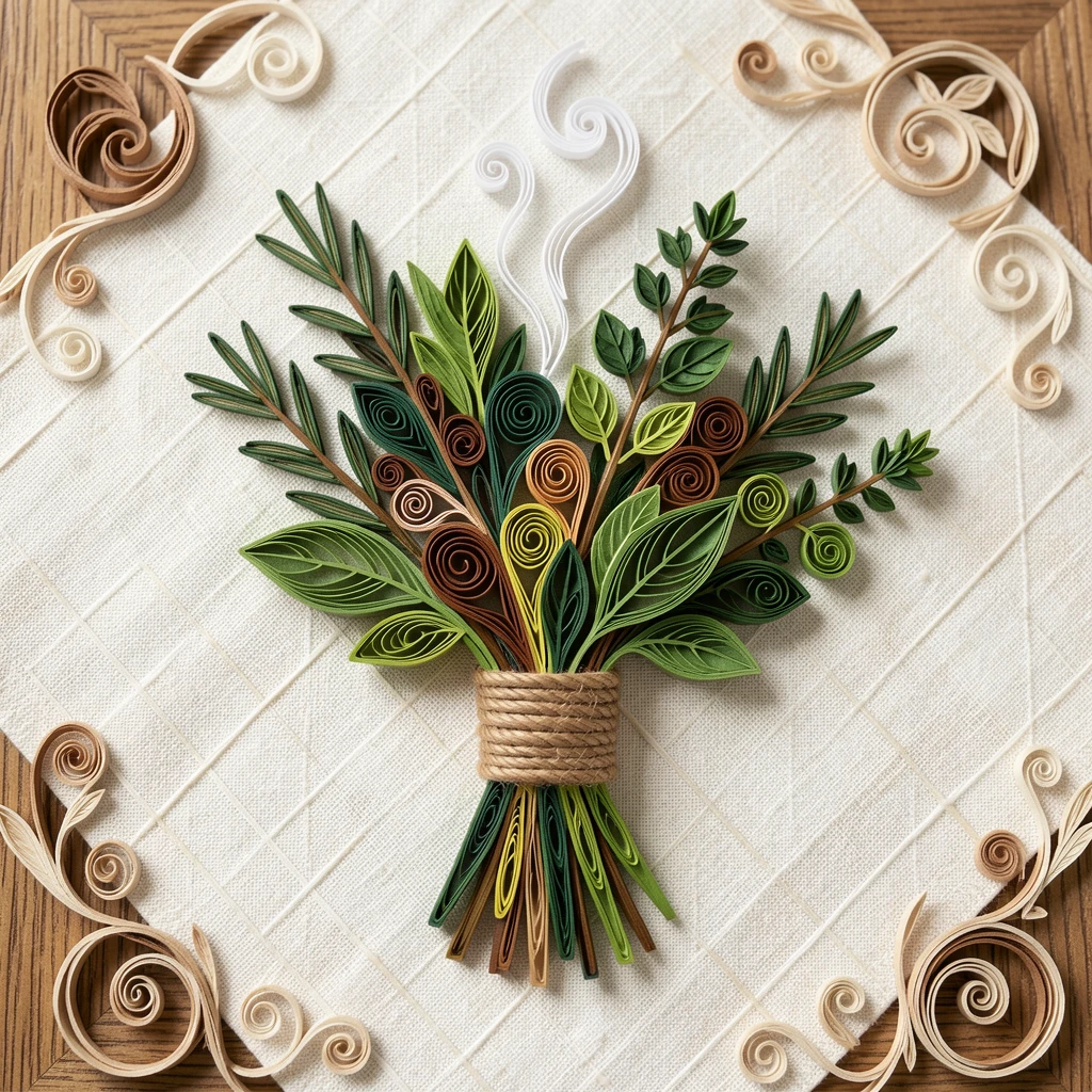 a bouquet of kitchen herbs tied with twine, on a linen tablecloth set for a garden party, arranged with rustic textures adding warmth, with soft steam rising gently into the air.