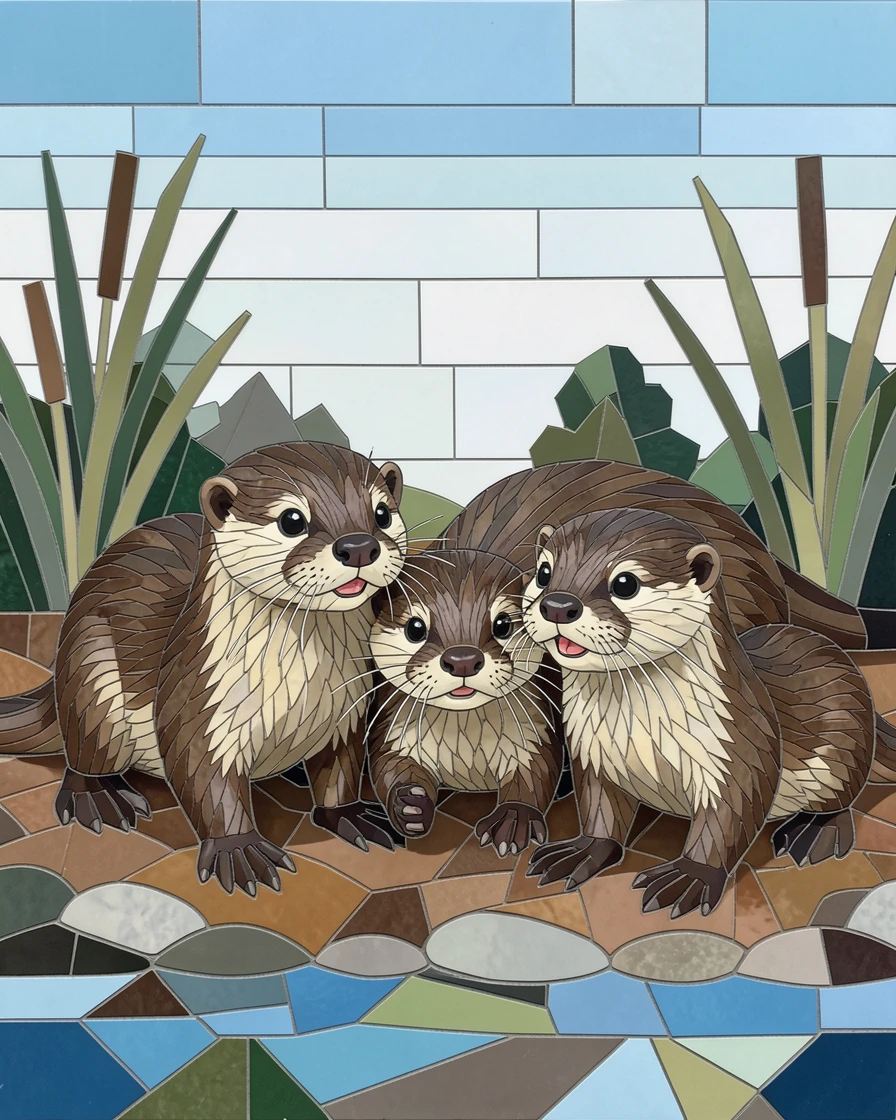 A close-up portrait of a family of otters playing along a riverbank, showing rich fur or feather detail and expressive eyes.