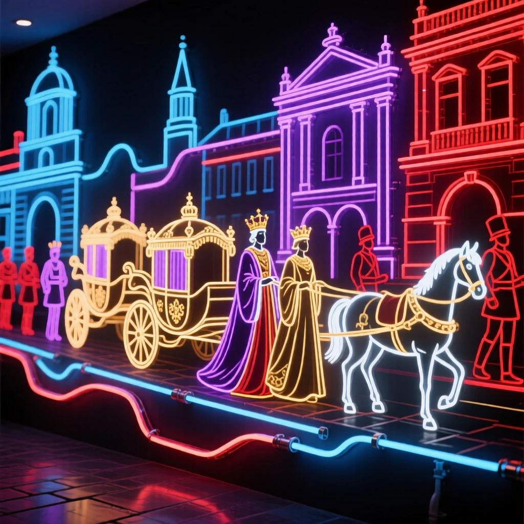 A detailed vignette of a royal procession moving through the streets of an old capital city.