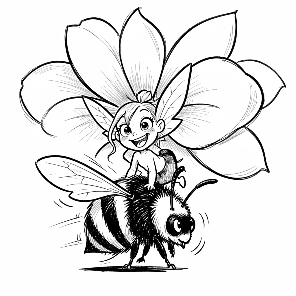 A pixie riding a bumblebee under a giant blooming flower.