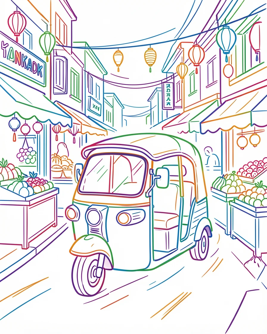 A tuk-tuk weaving through a vibrant street market in Bangkok.