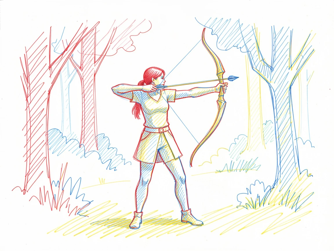A woman practicing archery in a quiet forest clearing