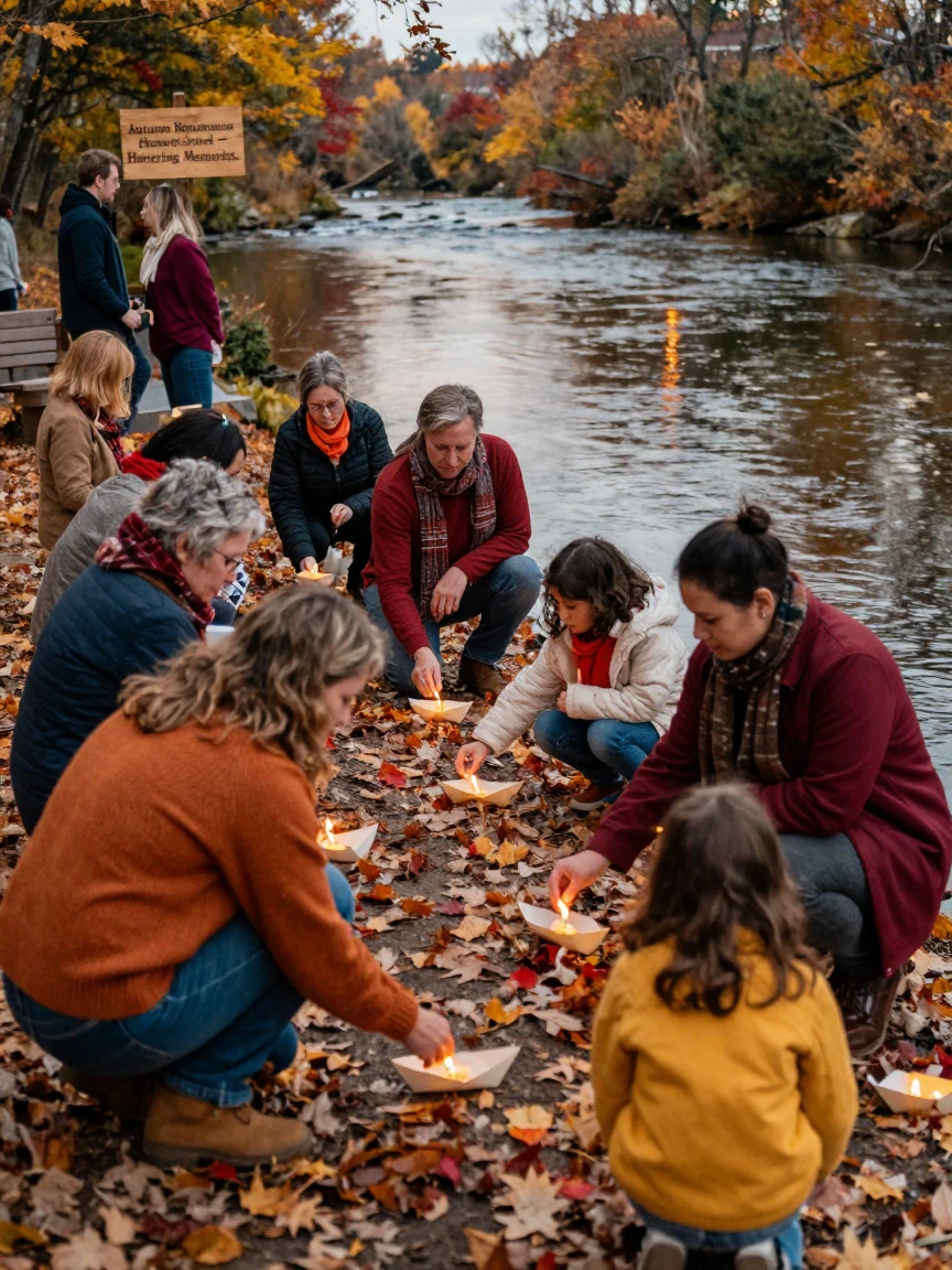 Families light floating candles along a riverbank during an autumn remembrance festival.