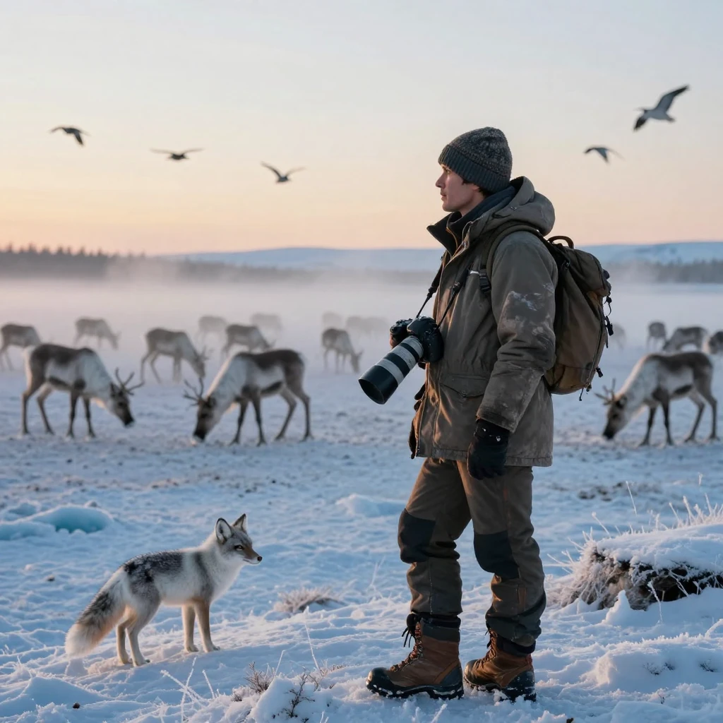 A wilderness guide watching wildlife roam free at dawn along the edge of a vast icy plain