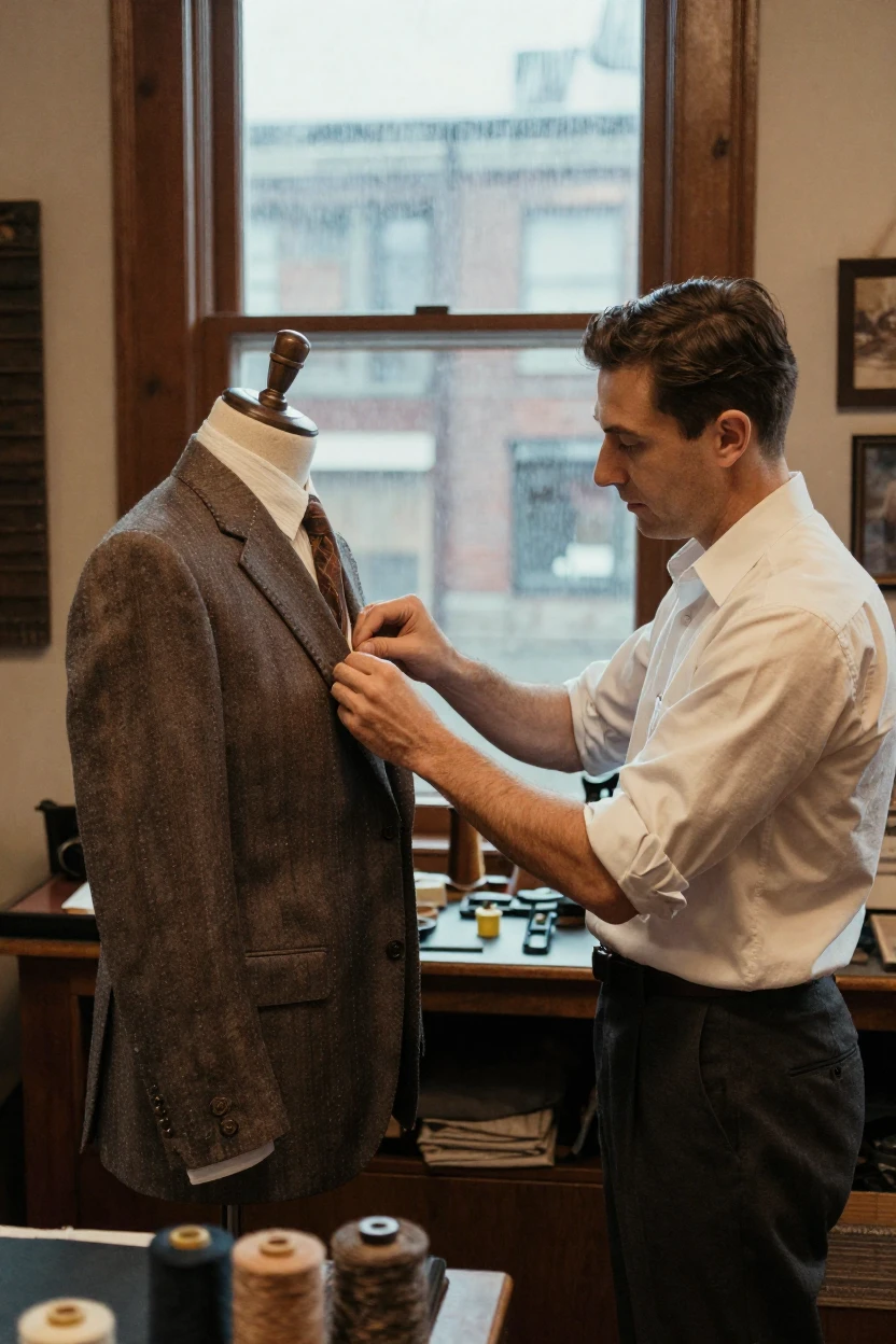 A tailor fitting a customer for a hand-stitched suit, in gentle diffused daylight, under a light drizzle, in early spring, dominated by warm amber and rust tones, at eye level, intimate and direct.