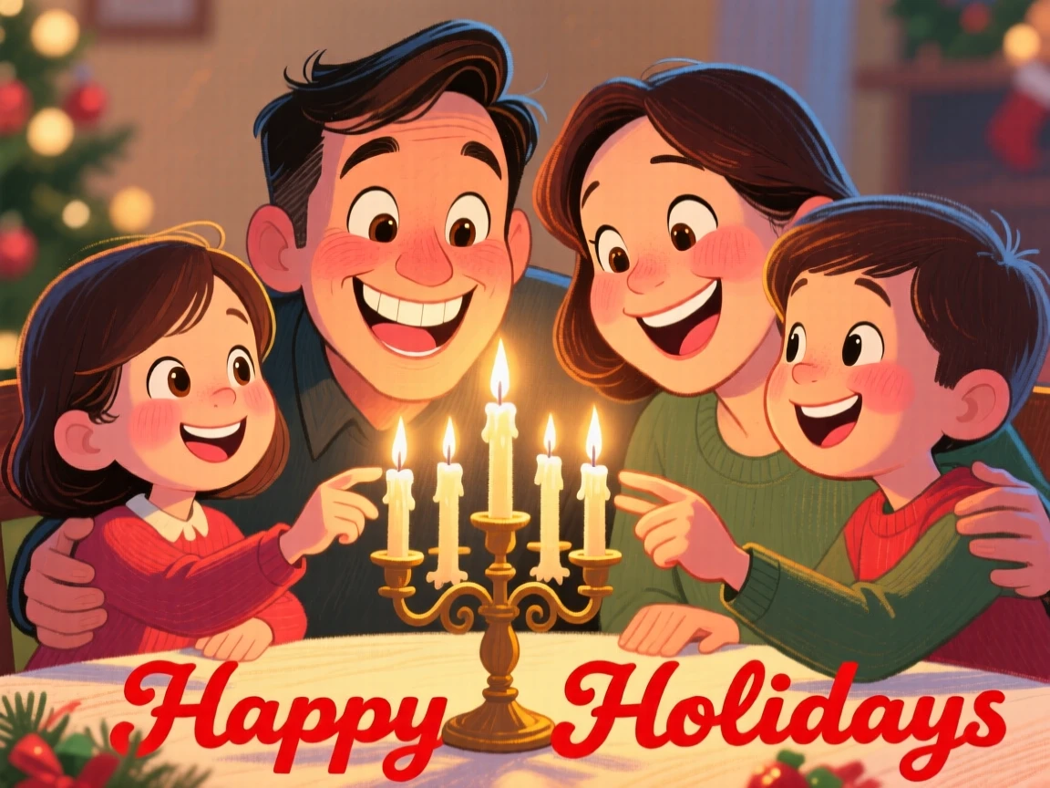 A family lighting candles together during a holiday celebration, warm glow on their faces.