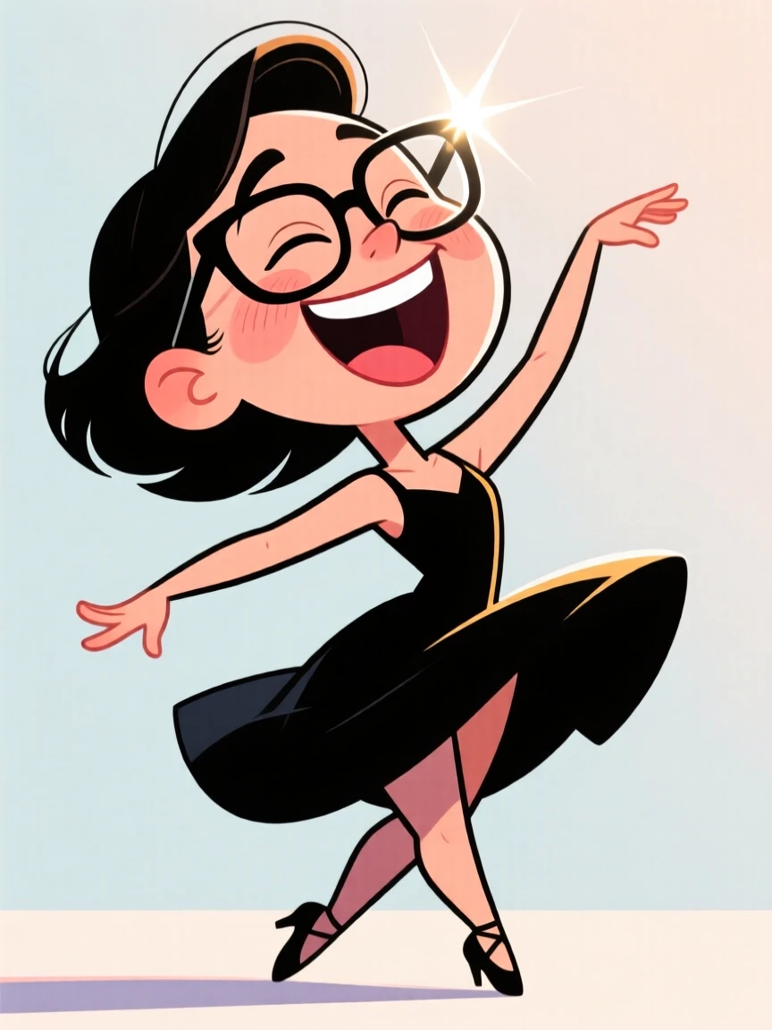 A charming portrait of a graceful dancer, laughing so hard their eyes squint shut, with sunlight glinting off their glasses.