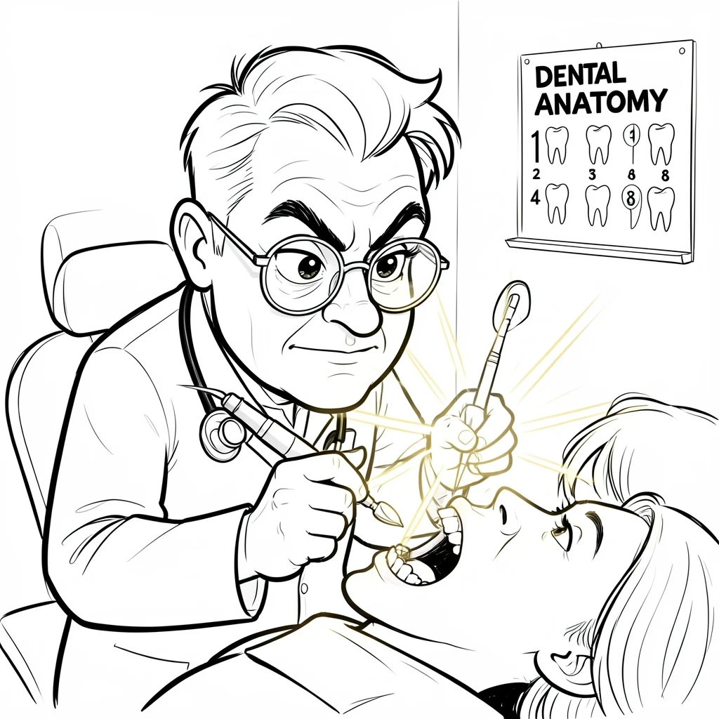 [Occupations & Hobbies] Detailed scene of a dedicated dentist examining teeth with a bright light and mirror, showcasing skill and dedication