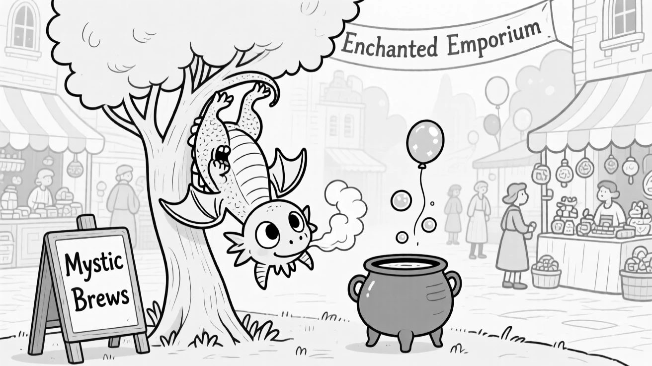 A tiny dragon hiccuping puffs of smoke, flapping helplessly while stuck upside down in a bush, set in a bustling fantasy marketplace. Bubbles from the cauldron float up like little balloons. There's a cozy, storybook warmth to the whole image.