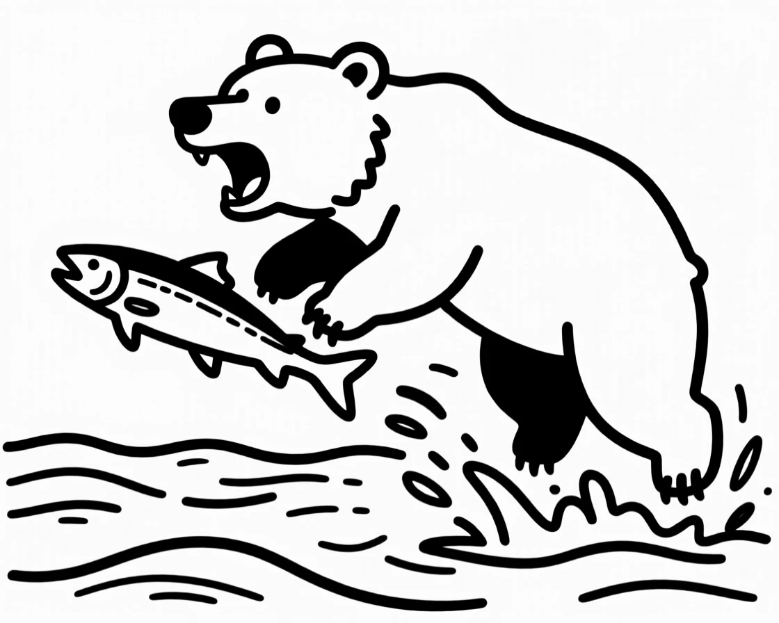 A grizzly bear catching a leaping salmon mid-air in a rushing river.