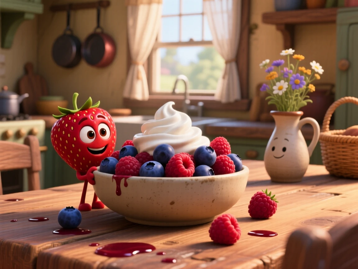 A bowl of fresh mixed berries with cream sits on a rustic wooden farmhouse table, surrounded by scattered fresh berries. A comforting, homey feeling fills the moment.