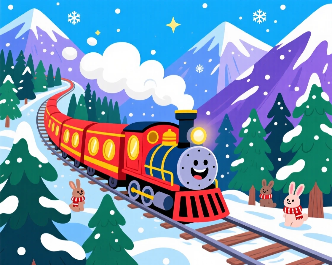 A train winding through snow-capped mountains and pine forests.