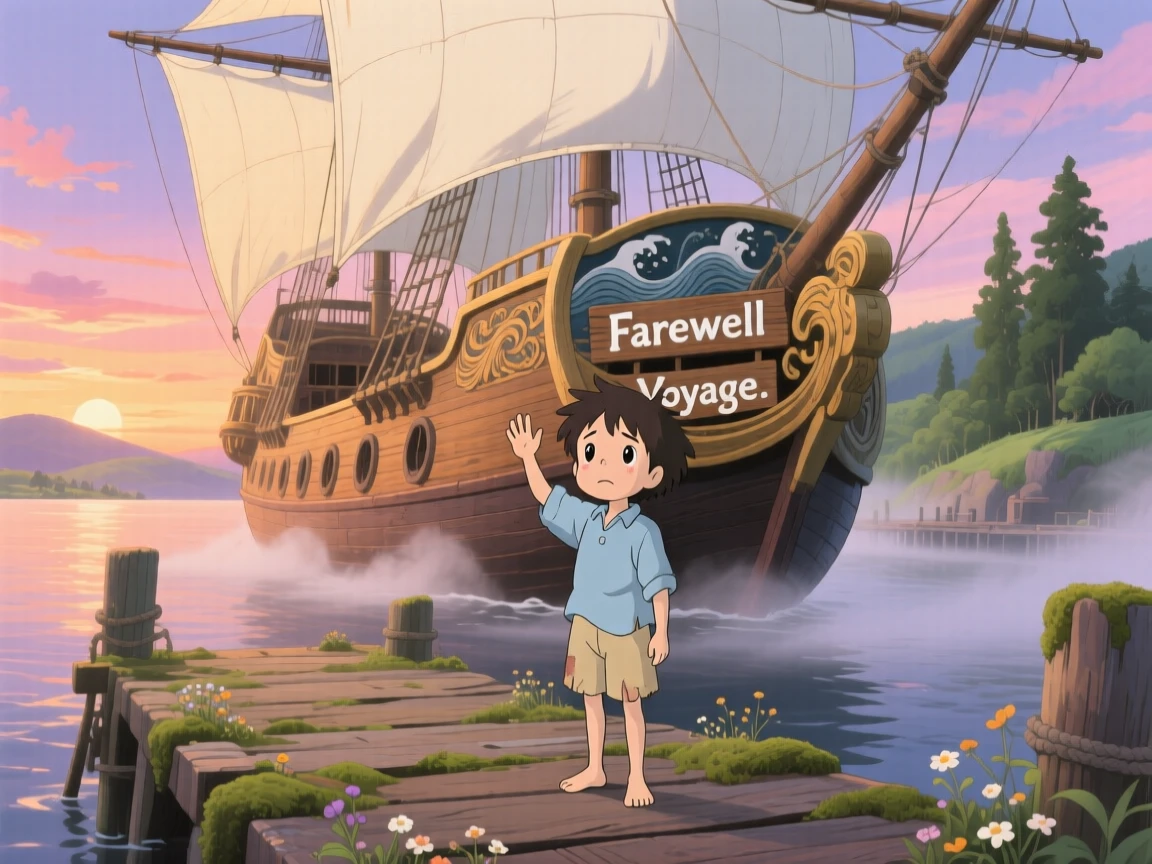 A tender moment of a young boy waving goodbye to a departing ship from the dock, the scene deeply heartfelt.