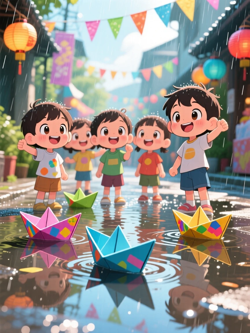 In a puddle-lined street, children are floating paper boats during a rainy monsoon festival during a light summer breeze, bathed in bright midday sun, expression full of triumphant pride. Shot as a close-up portrait.