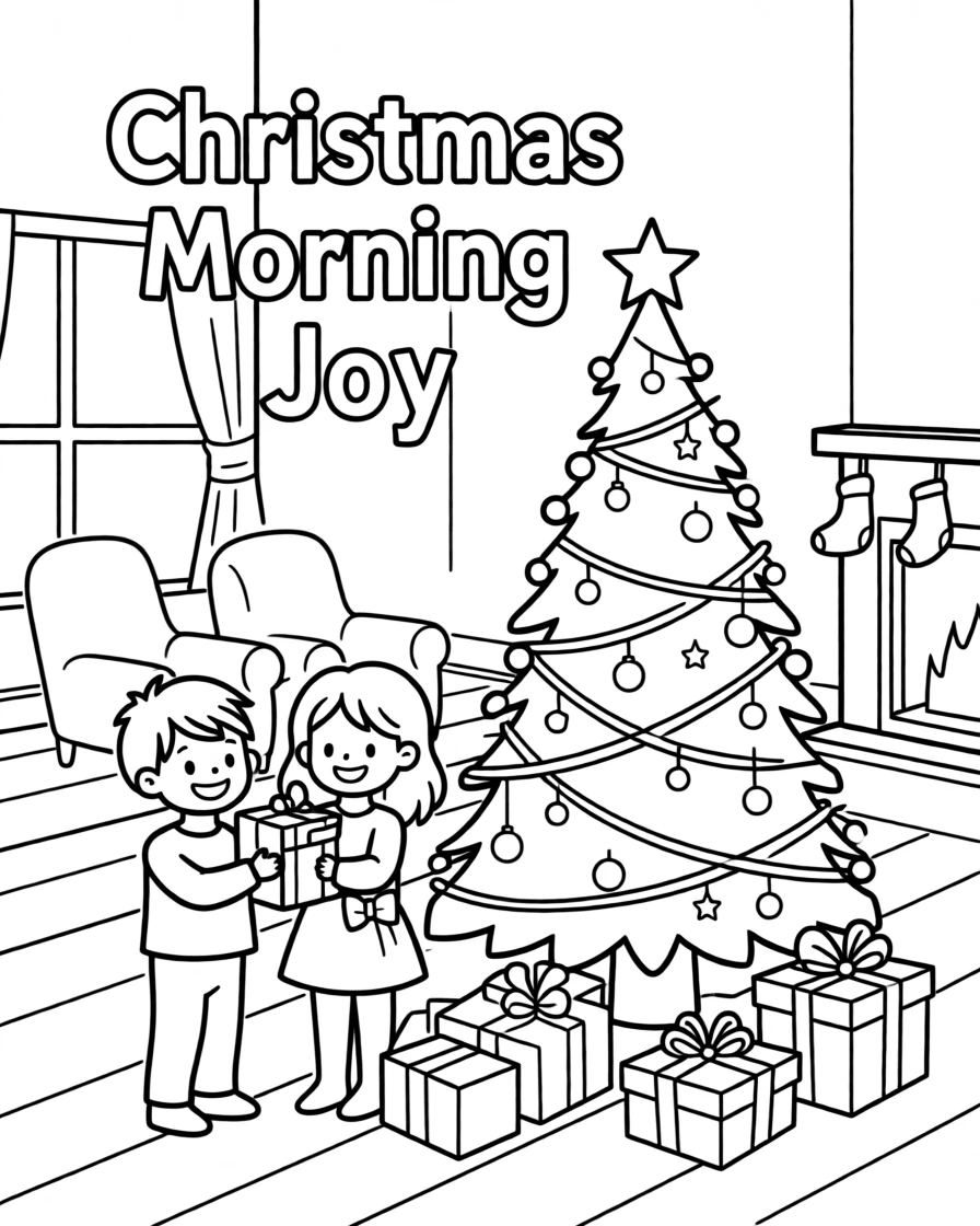 A Christmas morning scene with children opening presents by the tree