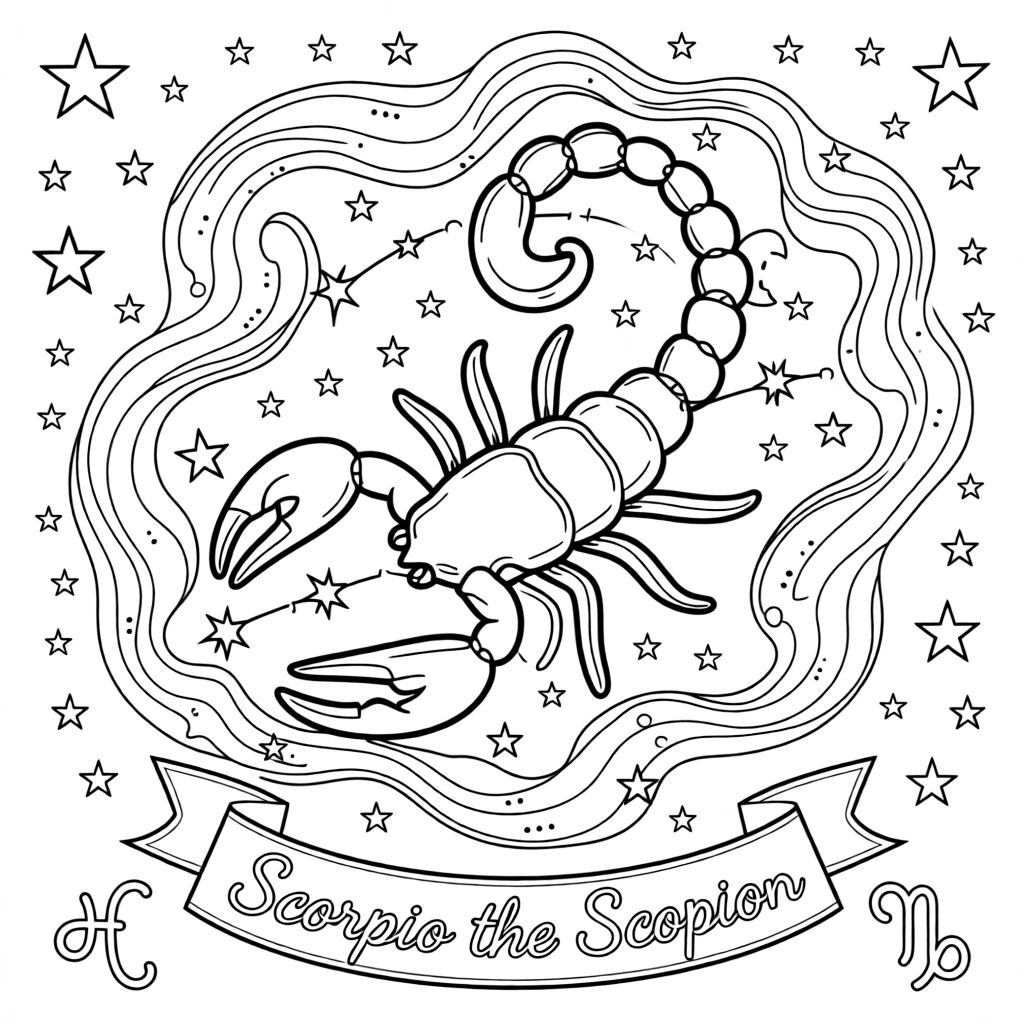 A zodiac constellation illustration of Scorpio the scorpion, formed from connected stars against a night sky filled with smaller stars and swirling nebula clouds.