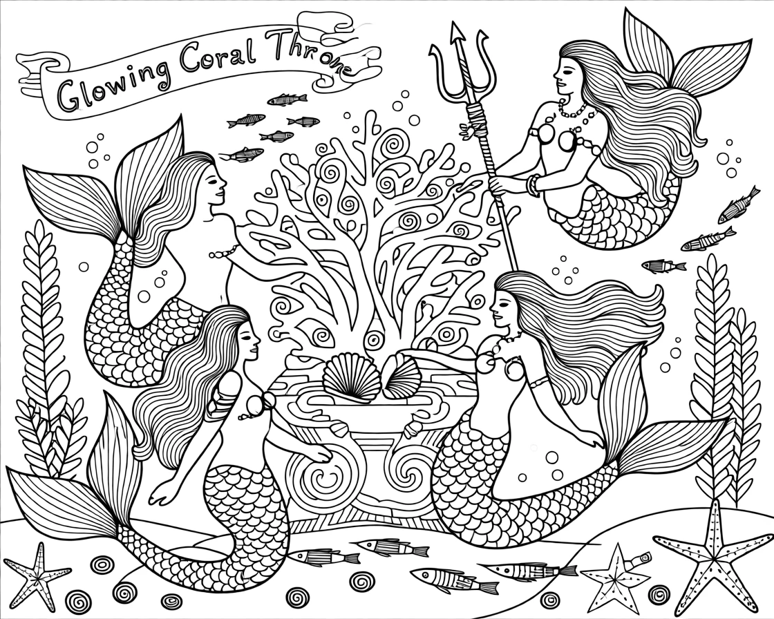 A merfolk gathering around a glowing coral throne.