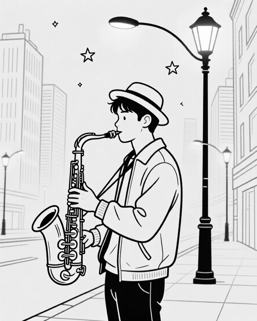 A street musician playing saxophone under city lights