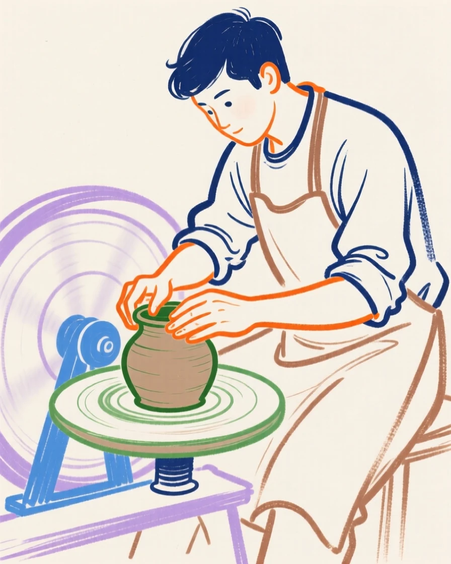 A potter shaping clay on a spinning wheel.