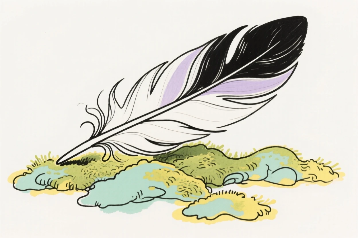 A single feather resting on moss