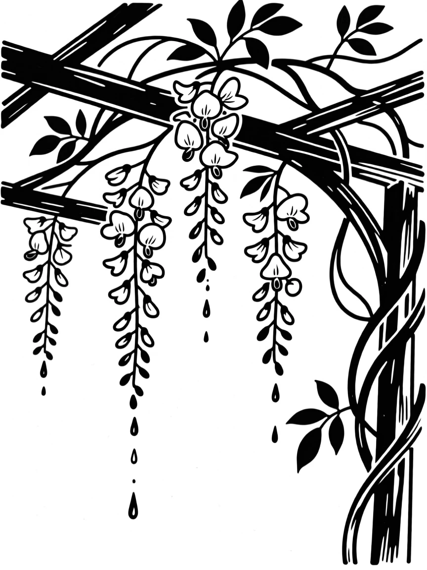 A wisteria arbor dripping with cascading purple blossoms.