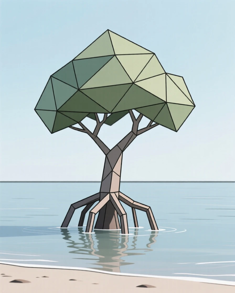 A mangrove tree with roots in coastal water
