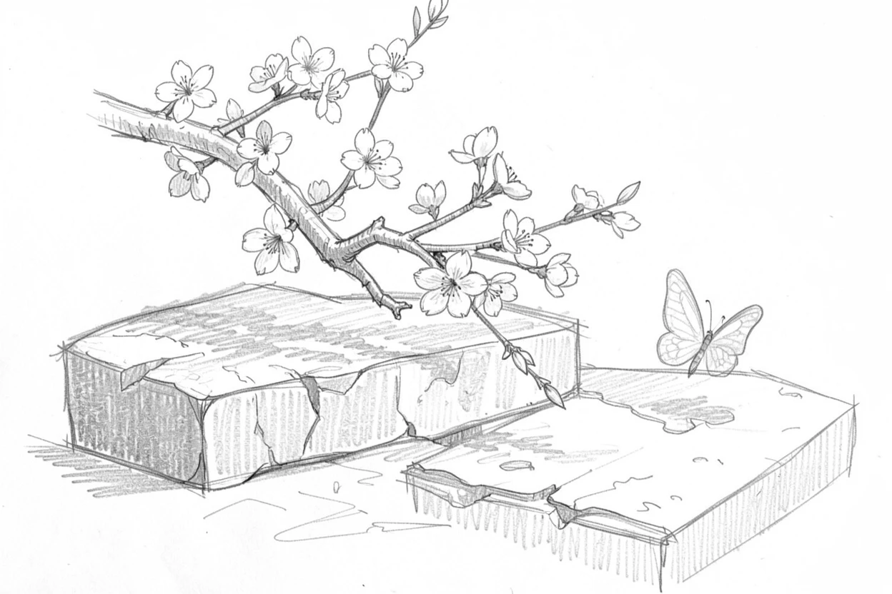 An elegant arrangement of a cherry blossom branch on an old stone step, with a butterfly resting nearby.