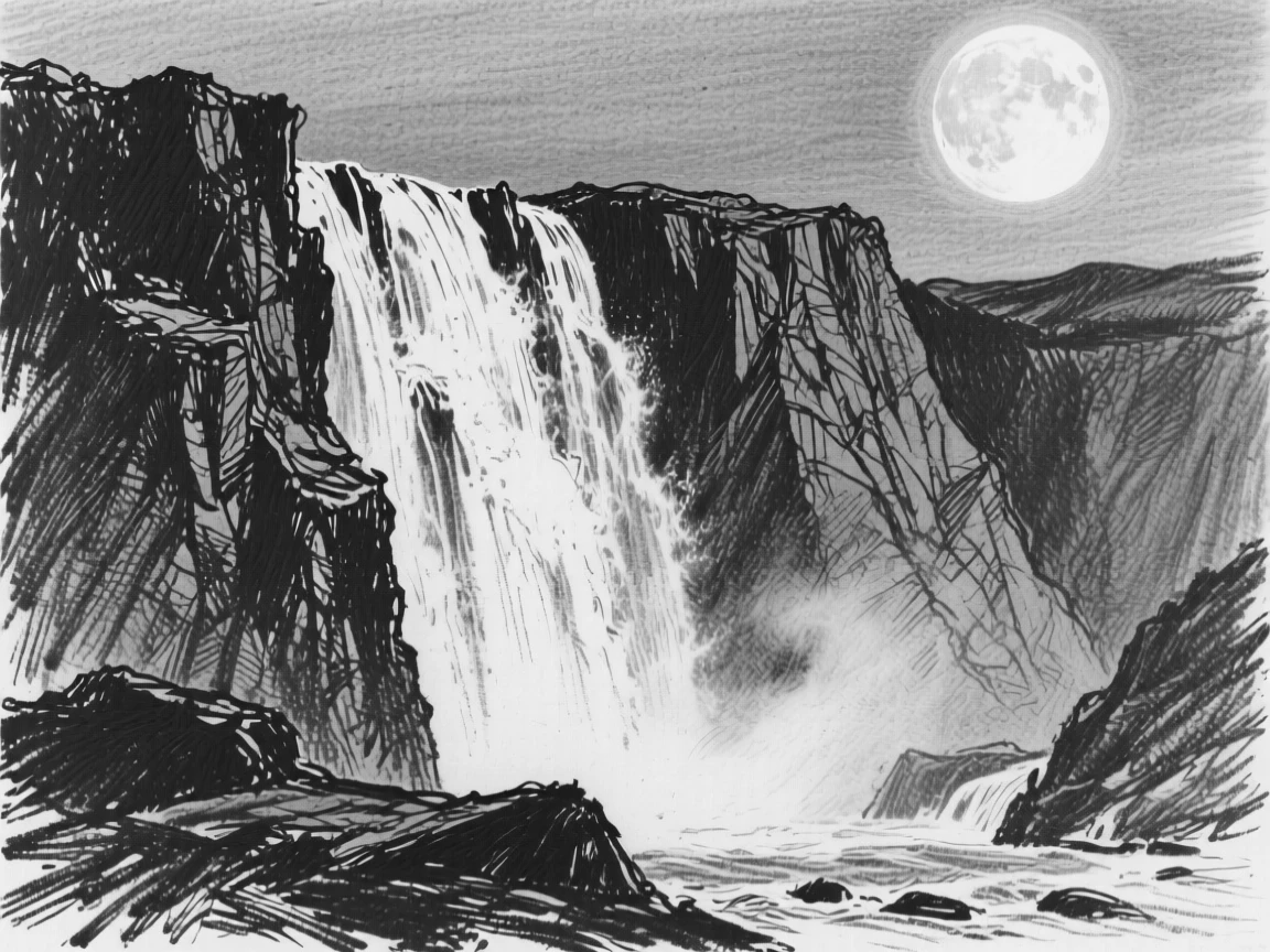A towering waterfall under the soft glow of the moon.
