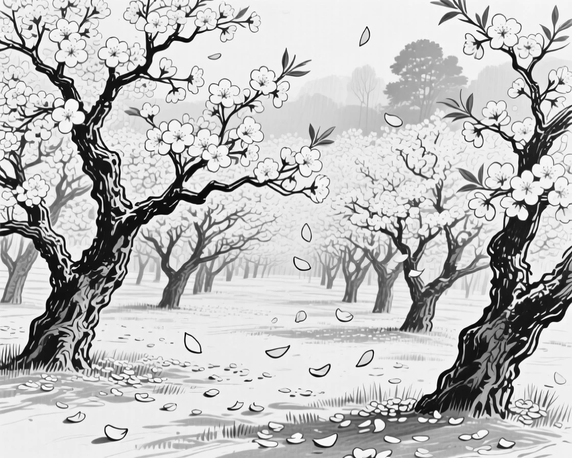 A blooming cherry orchard with petals drifting gently to the ground.
