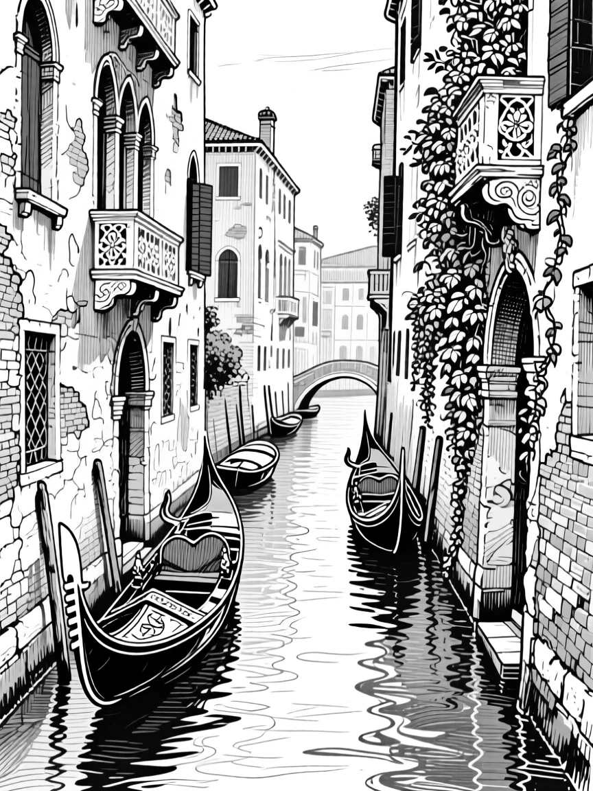 A venetian canal lined with gondolas with ivy climbing its weathered walls, featuring ornate carvings along the facade, rendered in an awe-inspiring architectural composition.
