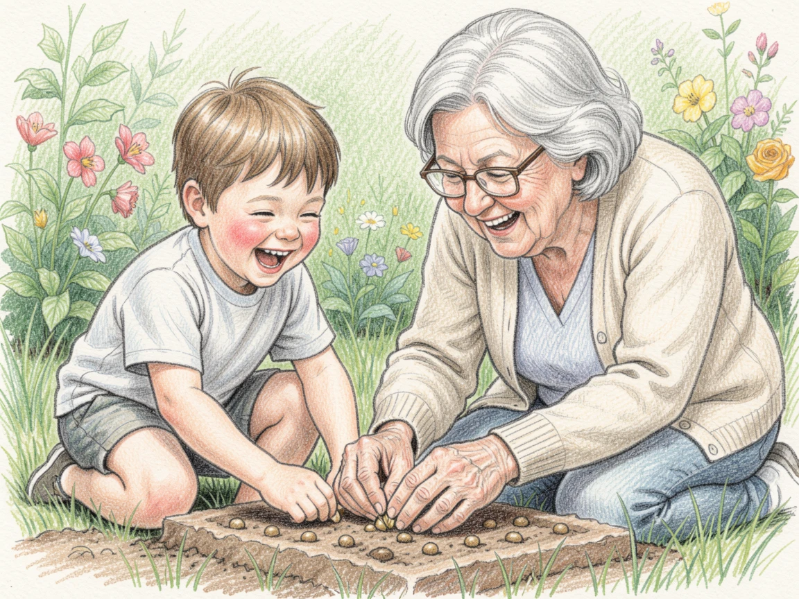 A little boy planting seeds in a garden with his grandmother, full of genuine laughter and playful energy, celebrating the simple magic of everyday family moments.