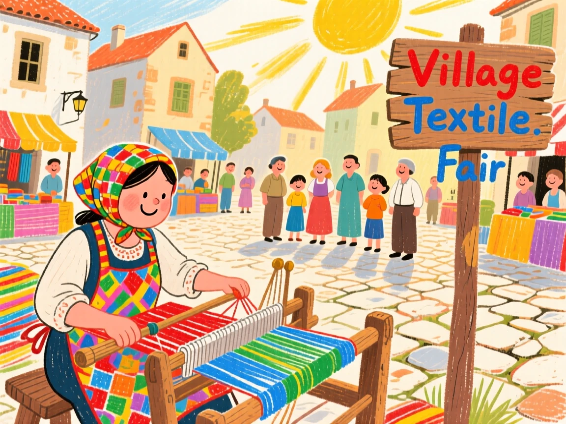 A textile weaver gathered in a sunlit village square.