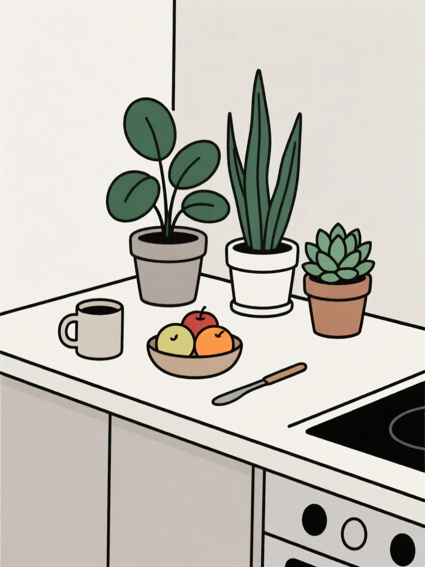 A tidy kitchen counter arranged near a small houseplant collection in a quiet suburban house, expressing gentle routine.