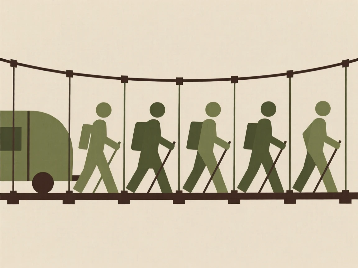 A caravan of hikers crossing a suspension bridge