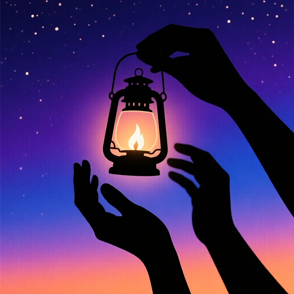 A pair of hands releasing a single glowing lantern into the night.