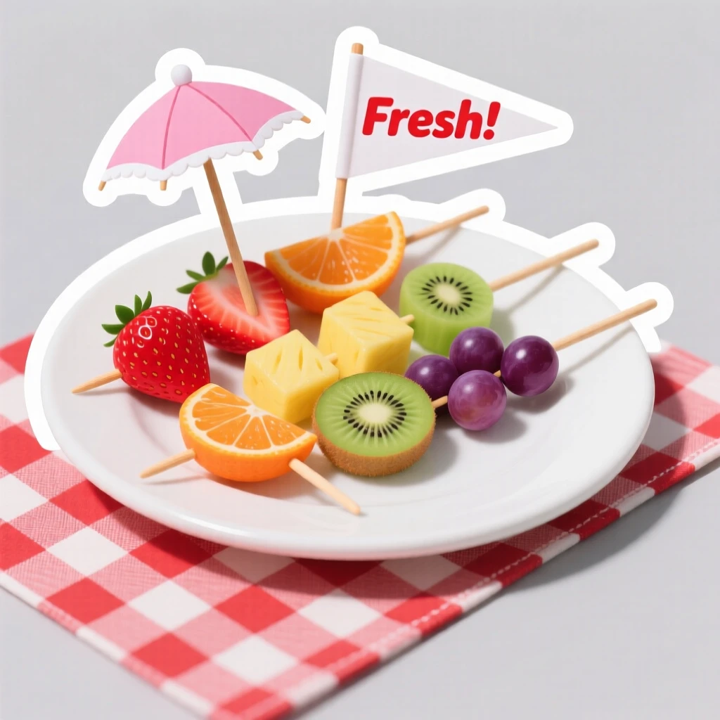 A picture-perfect plate of colorful fruit skewers, with a small flag or umbrella decoration on top, on a checkered picnic blanket.